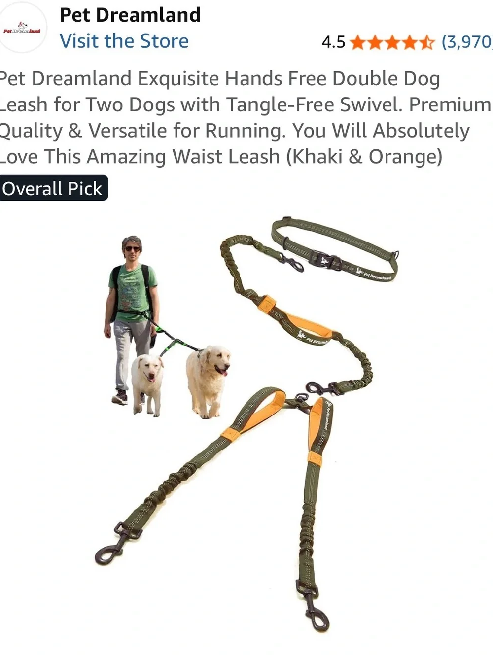 Olive Green & Orange Hands-Free Walk 2 Dogs Leash